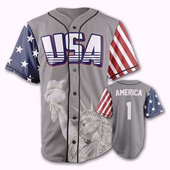 Greater Half Custom Baseball Jersey Button Down USA Grey America #1 Size Medium - Picture 3 of 17